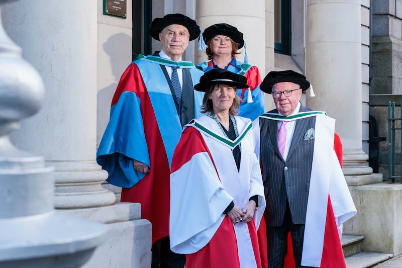 Prof Mohamed Ali Fadhil Al-Rubeai, Prof Clair Wills, Mari Cahalane and Michael Lillis, recipients at the National University of Ireland honorary degree conferring ceremony that took place in the Royal College of Physicians on March 7th. Photograph: Mark Harrison