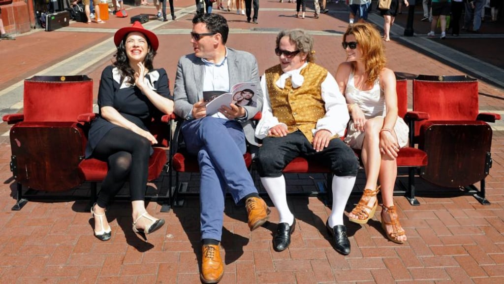 Marking the line-up announcement for the 2013 Dublin Theatre Festival on Grafton Street today were festival director Willie White and actors Daragh Kelly, Camille O’Sullivan (left) and Aoibhinn McGinnity. The festival which runs from September 26th to October 13th. Photograph: Dave Meehan/The Irish Times