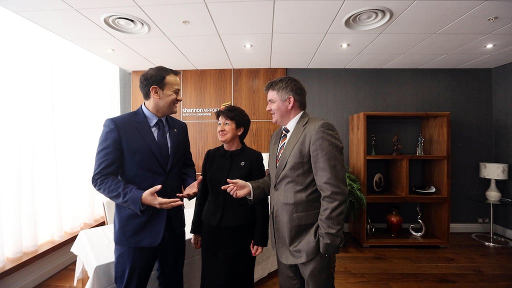 The then transport minister Leo Varadkar with Shannon Group chairman Rose Hynes and CEO Neil Pakey.