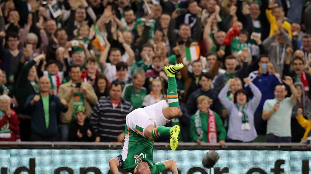 Ireland’s Robbie Keane celebrates scoring in his final game. Photograph: Ryan Byrne/Inpho