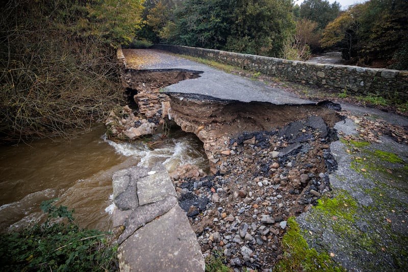 The river Big bridge near Carlingford, Co Louth, partly collapsed following heavy rainfall and flooding. Photograph: Liam McBurney/PA Wire