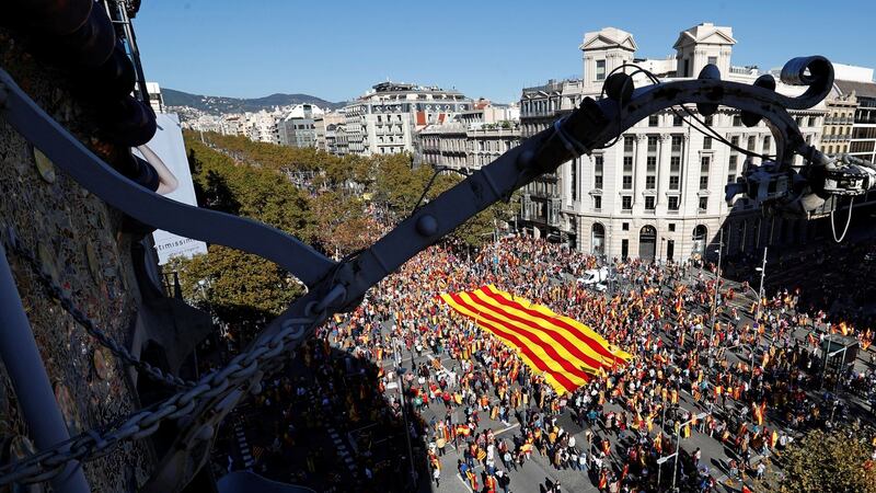 Pro-unity supporters take part in a demonstration in central Barcelona. Photograph: Yves Herman/Reuters