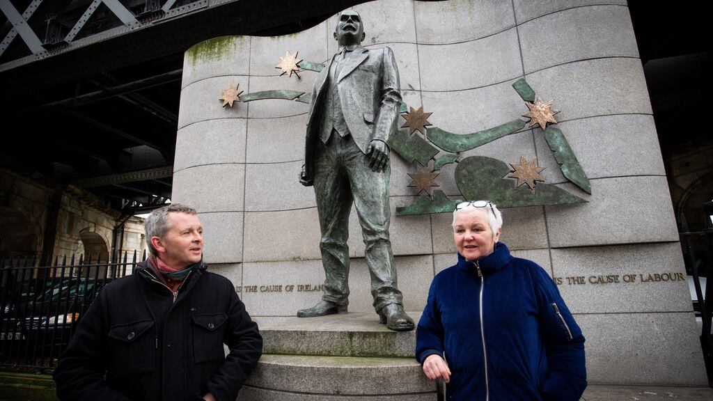 Richard Boyd Barrett and Bríd Smith in front of the James Connolly memorial statue as People Before Profit launched its workers’ rights charter. Photograph: Tom Honan/The Irish Times