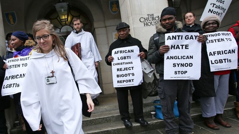 Gay rights campaigners protest outside Church House, the venue of the Church of England’s general synod. Photograph: Daniel Leal-Olivas/AFP/Getty Images