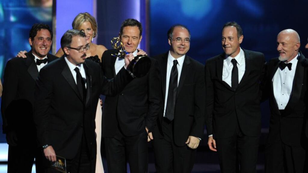 Writer/producer Vince Gilligan (left) and the cast and crew of Breaking Bad appear onstage during the 65th  Emmy Awards last Sunday  in Los Angeles. Photograph:  Kevin Winter/Getty Images