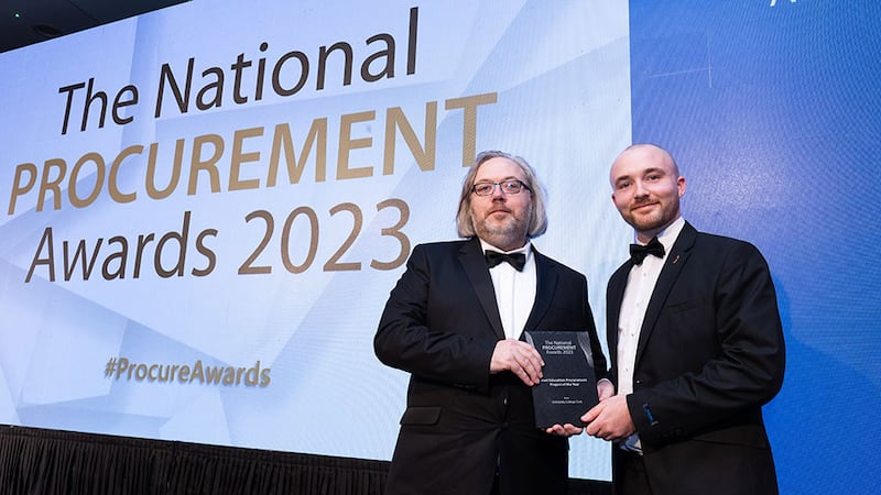 Thomas Hickey, community lead at BusinessRiver, presents the best education procurement project of the year award to David McKevitt, University College Cork