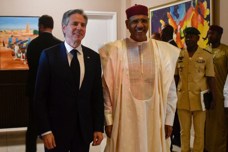US secretary of state Antony Blinken and Nigerien president Mohamed Bazoum in Niamey, Niger. Photograph: Boureima Hama/AFP via Getty Images