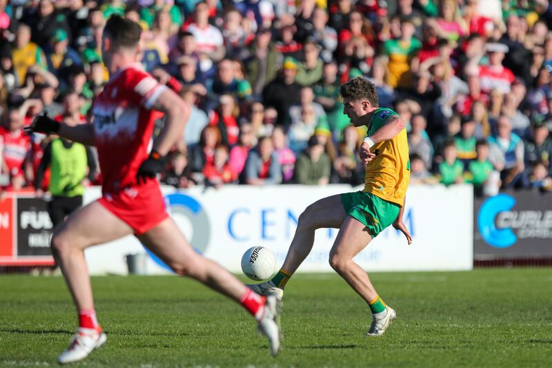 The Ulster GAA Senior Football Championship Quarter-Final, Celtic Park, Derry, where Donegal's Daire O'Baoil put the ball in the net. Photograph: Lorcan Doherty/Inpho