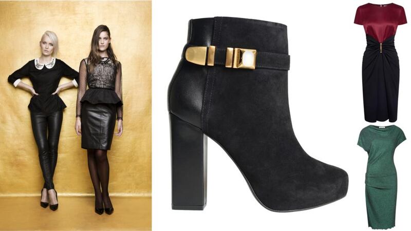 From left: peplum top, €55, stretch leather trousers, €300, (right) mesh lace top, €55, leather skirt, €85, both by Savida Gold at Dunnes Stores; suede and leather ankle boots, €235 by Kat Maconie at Cocobelle, Royal Hibernian Way, Dublin 2; burgundy satin and black jersey dress, €649 by Paula Ka at Ellen B, Clontarf (ellenb.ie); bottle-green sparkle jersey dress, €169 by Fran & Jane (franandjane.com)