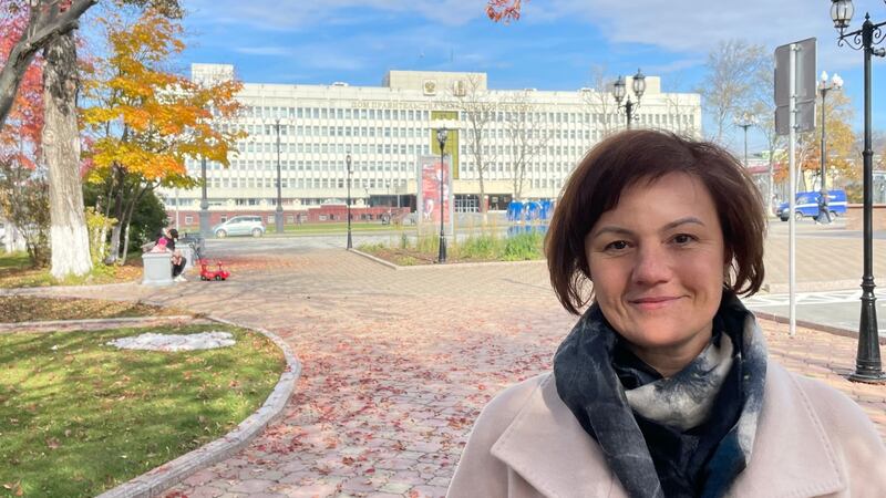 Dinara Gershinkova outside the Sakhalin regional government building in Yuzhno-Sakhalinsk, where she oversees the Russian Pacific island’s bid to become carbon neutral by 2025. Photograph: Daniel McLaughlin