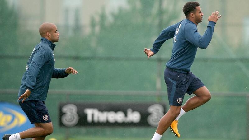 David McGoldrick and Cyrus Christie at their first Republic of Ireland training session at Gannon Park in Malahide on Tuesday. Photograph: Donall Farmer/Inpho