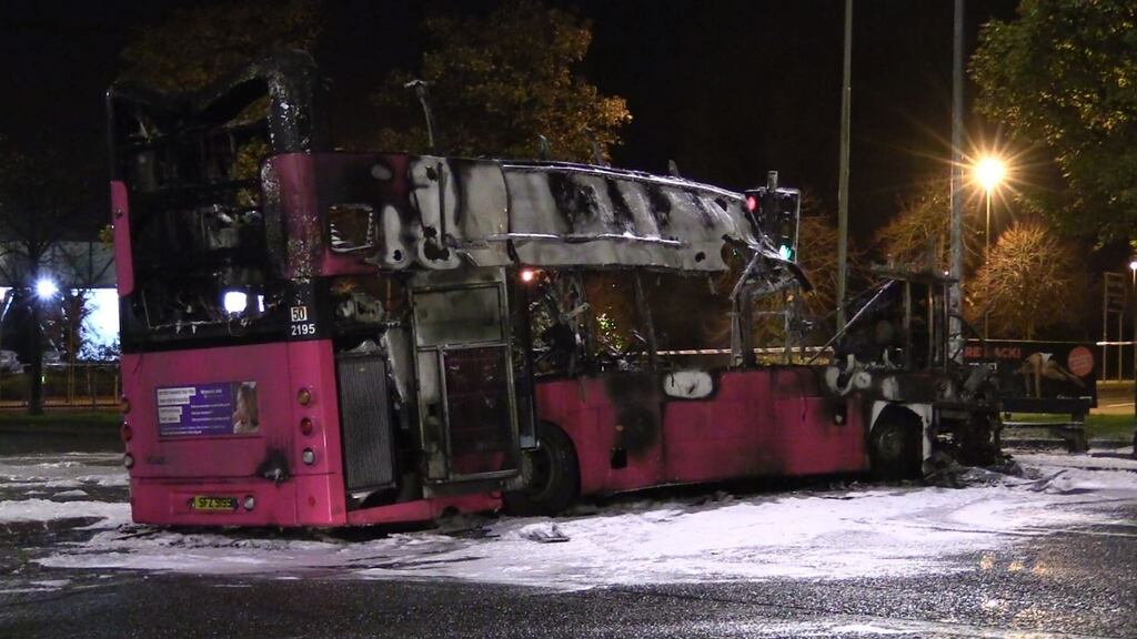 The other side of a burnt-out double decker bus on Church Road, near Rathcoole, Newtownabbey, Co Antrim, after it was hijacked and set on fire. Photograph: David Young/PA Wire