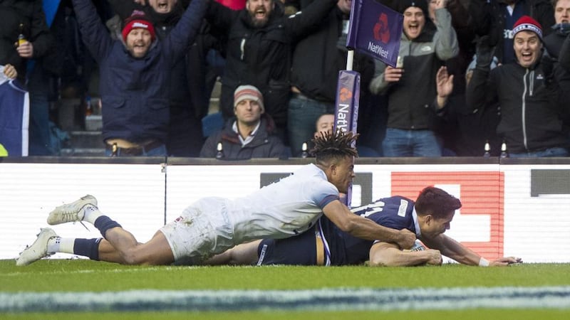 Scotland’s Sean Maitland scores a try. Photograph: Craig Watson/Inpho