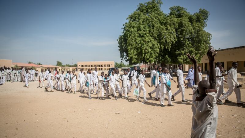 Students leave the Moduganari Primary School, a government school with thousands of children enrolled. Photograph: Sally Hayden