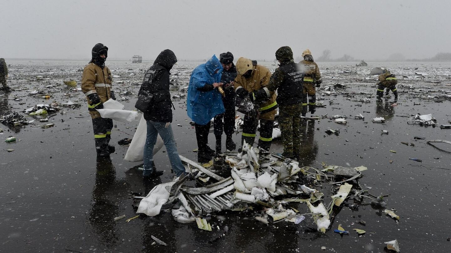 Emergencies ministry members and investigators work at the crash site of the Boeing 737-800 Flight FZ981 operated by Dubai-based budget carrier Flydubai, at the airport of Rostov-On-Don. Photograph: Reuters