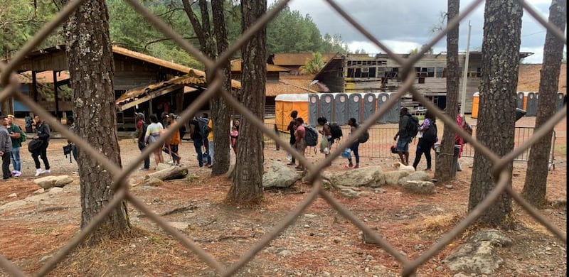 A queue inside the camp at Los Planes, Panama. Photograph: Peter Murtagh