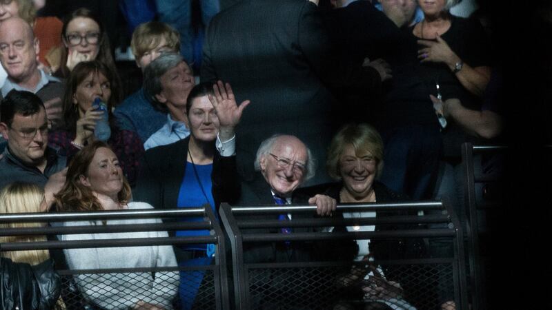 Newly re-elected President Michael D Higgins with his wife Sabina at the U2 concert at 3Arena, Dublin, on Monday night. Photograph: Tom Honan/The Irish Times
