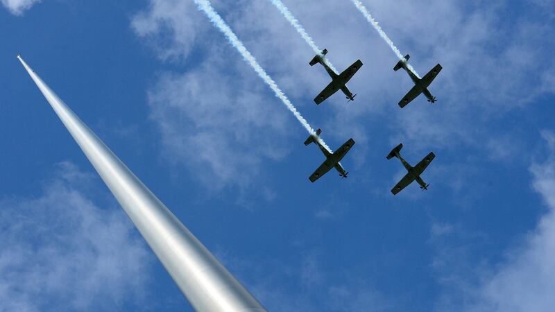 The Air Corps flypast at the commemoration the 101th anniversary of the 1916 Easter Rising outside the GPO. Photograph: Cyril Byrne