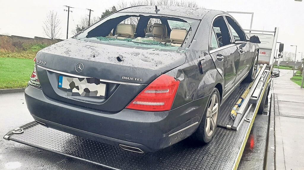 Limerick councillor Fergus Kilcoyne’s car after it was damaged outside his home in Patrickswell, Co Limerick. Photograph: Press 22