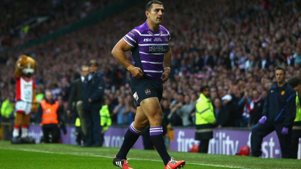 Ben Flower of Wigan walks from the pitch after receiving a red card during the Super League Grand Final at Old Trafford. Photograph: Michael Steele/Getty Images