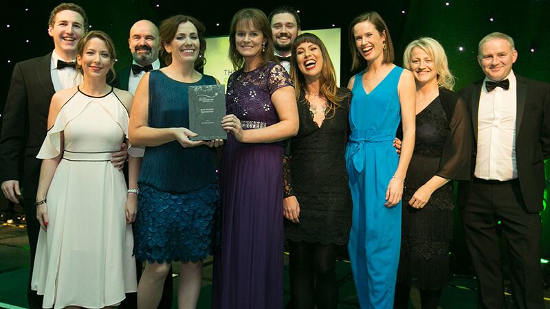 Lorraine Walsh, Head of Marketing, Laya Healthcare, presents the Best Societal Sponsorship award to the Woodie’s, Principle Design and Agtel team.