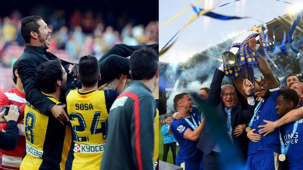 Atletico celebrate their La Liga triumph at Camp Nou in 2014. Below, Leicester lift last season’s Premier League trophy. Photographs: Getty Images