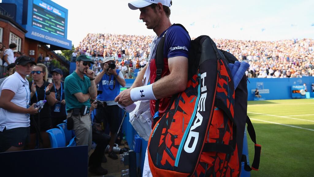 Andy Murray leaves the court following defeat in the first round of the 2017 Aegon Championships at the Queen’s Club. Photograph: Clive Brunskill/Getty Images