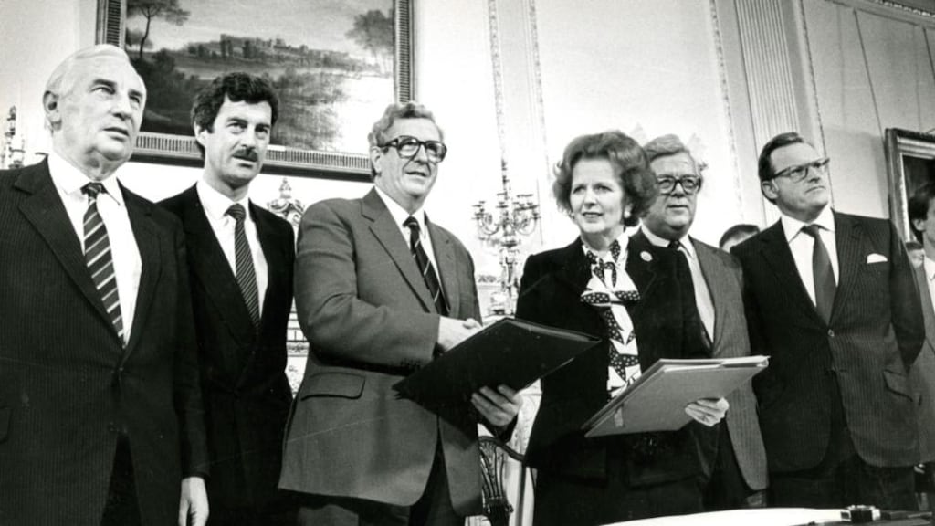 At the signing of the Anglo-Irish Agreement in 1985: Peter Barry, Dick Spring, Garret FitzGerald, Margaret Thatcher, Geoffrey Howe and Tom King