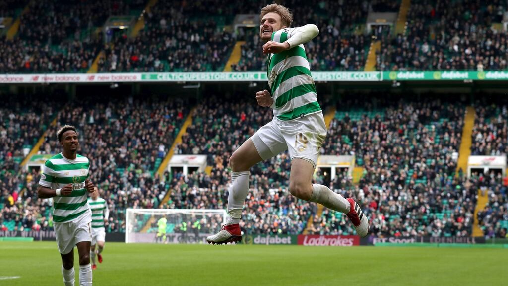 Celtic’s Stuart Armstrong celebrates scoring his side’s second goal of the game during the Scottish Premiership match against Ross County at Celtic Park. Photograph: Andrew Milligan/PA Wire