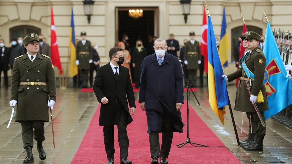 Ukraine’s president, Volodymyr Zelenskiy, speaks to his Turkish counterpart,  Recep Tayyip Erdogan, in Kyiv on Thursday. Photograph: Turkish presidential press office via Dia Images via Getty Images