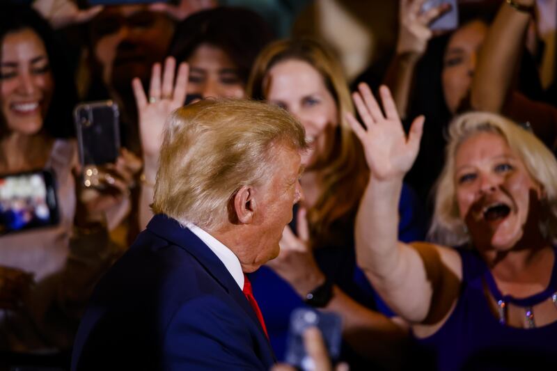 Former US President Donald Trump arrives to deliver remarks at the Mar-a-Lago Club in Palm Beach, Florida on Tuesday. Trump entered a not-guilty plea to 34 counts of falsifying business records. Photograph: Eva Marie Uzcategui/Bloomberg