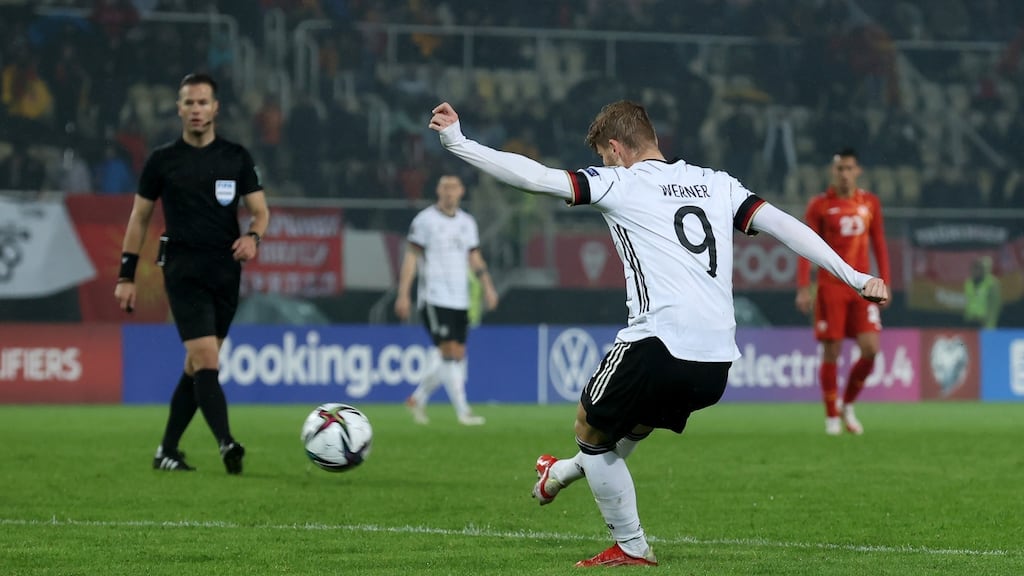 Timo Werner scores  Germany’s third goal during the World Cup qualifier against North Macedonia at National Arena Todor Proeski  in Skopje. Photograph:  Alex Grimm/Getty Images