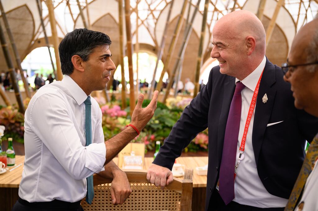 British prime minister Rishi Sunak with Fifa president Gianni Infantino during a working lunch at the G20 summit in Bali, Indonesia. Photograph: PA Wire