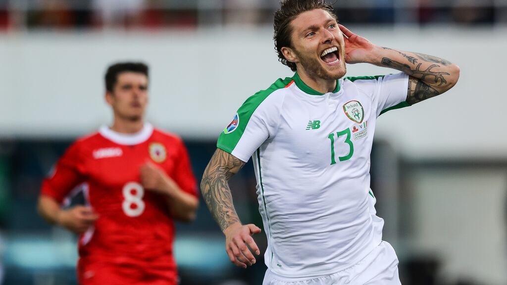 Jeff Hendrick celebrates scoring Ireland’s goal in the Euro 2020 qualifier against Gibraltar at Victoria Stadium. Photograph: Ryan Byrne/Inpho