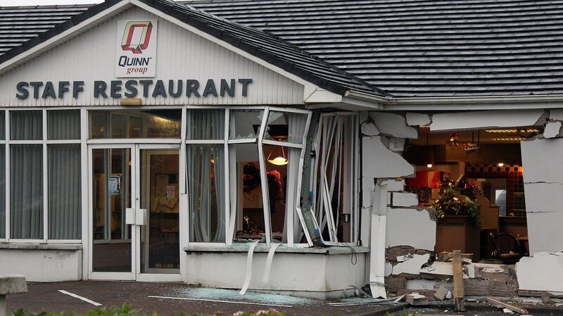 The extensive damage caused by a burnt out truck at the staff restaurant opposite the Quinn Group HQ in Derrylin, Co. Fermanagh. Photograph: Lorraine Teevan