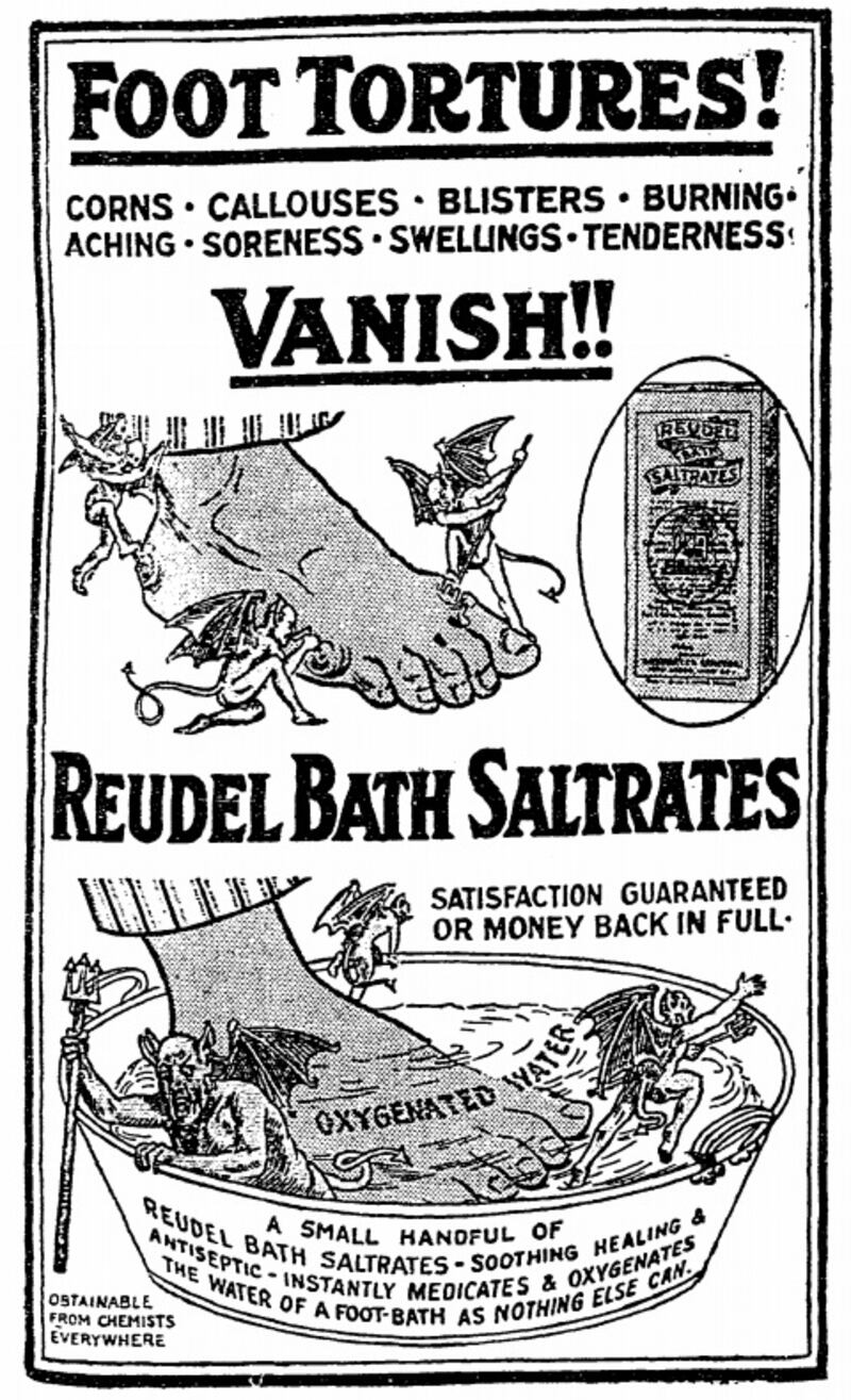 An advertisement for Reudel Bath Saltrates for sufferers of ‘foot tortures’, or trenchfoot, in The Irish Times on Tuesday, April 3rd, 1928