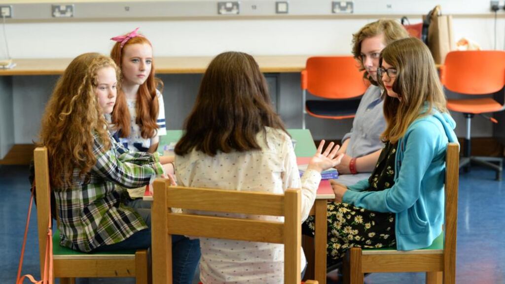 Anna Carey, with back turned, and, from left, Lia Cummins, Anna MacNeill, Laura McDunphy and Aoife Mitchell. Photograph: Dara Mac Dónaill