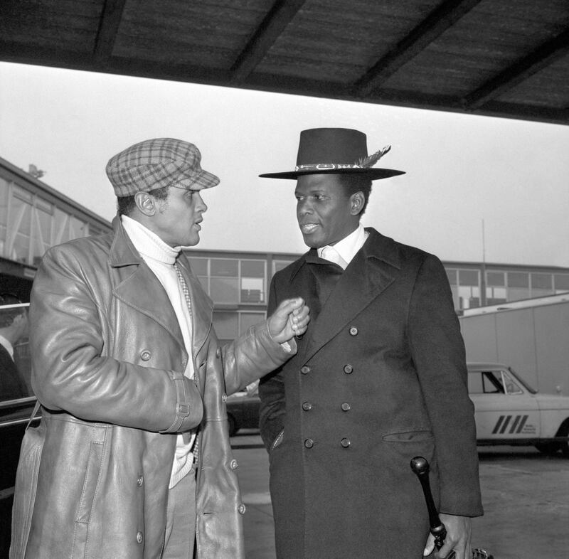 File photo dated 20/03/72 of Sidney Poitier (right) and Harry Belafonte Sidney Poitier in London in 1972. Photograph: PA