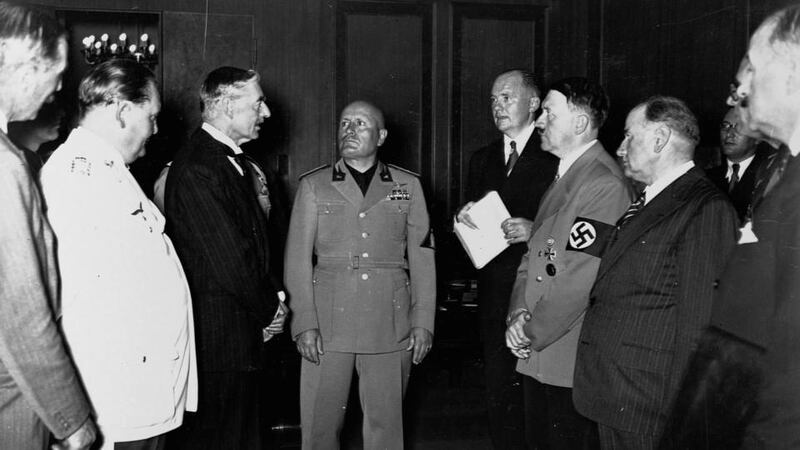 Neville Chamberlain, Adolph Hitler, Benito Mussolini, and Hermann Göring at the Munich Conference in 1938. Photograph: Library of Congress/Corbis/VCG via Getty Images