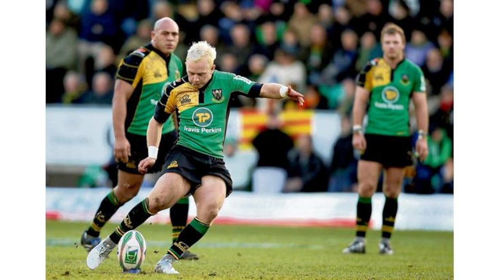Shane Geraghty of Northampton converts a kick at goal during the Heineken Cup game against Perpignan yesterday.