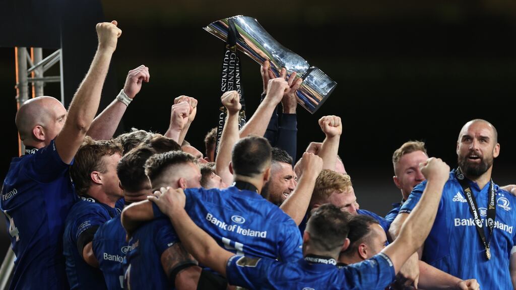 Leinster’s Rob Kearney and Fergus McFadden lift the Guinness Pro 14 trophy after the victory over Ulster in the final at the Aviva Stadium in September. Photograph: Billy Stickland/Inpho