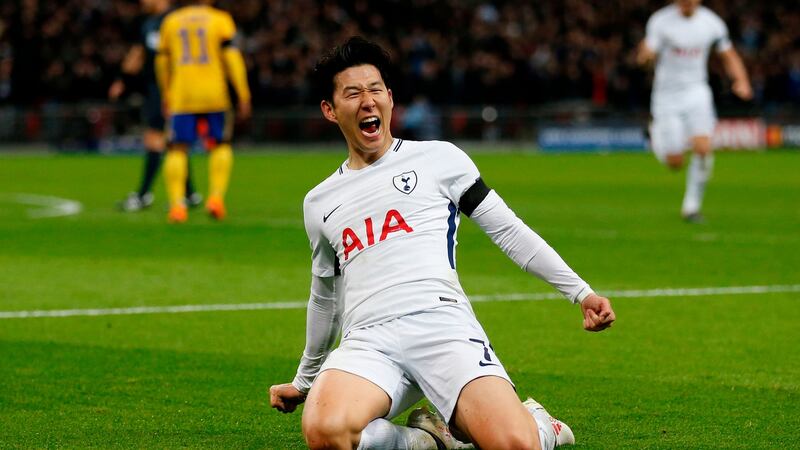 Tottenham Hotspur’s Son Heung-Min celebrates scoring the opening goal during the Champions League round of 16 second leg against Juventus at Wembley Stadium. Photograph: Ian Kington/AFP/Getty Images