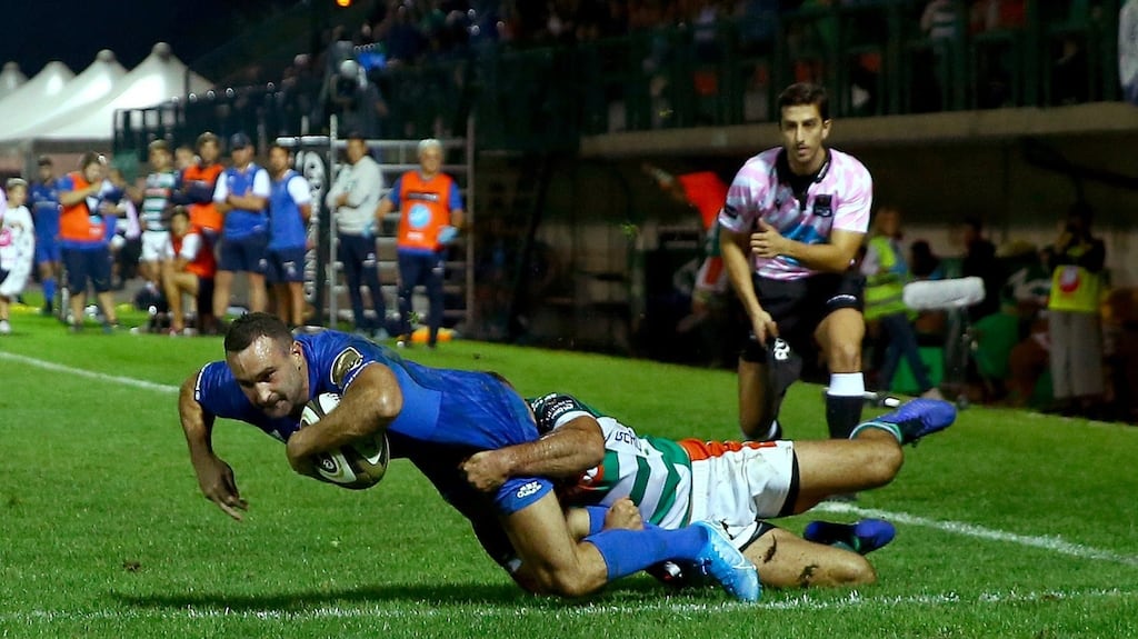 Dave Kearney of Leinster scores one of his hat-trick of tries against Benetton at Treviso on September 28th. Photograph: Matteo Ciambelli/Inpho