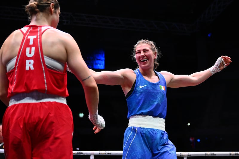 Aoife O'Rourke celebrates her win against Busra Isildar from Turkey during the World Boxing Championships final in Liverpool. Photograph: Ben Roberts Photo/ Getty Images