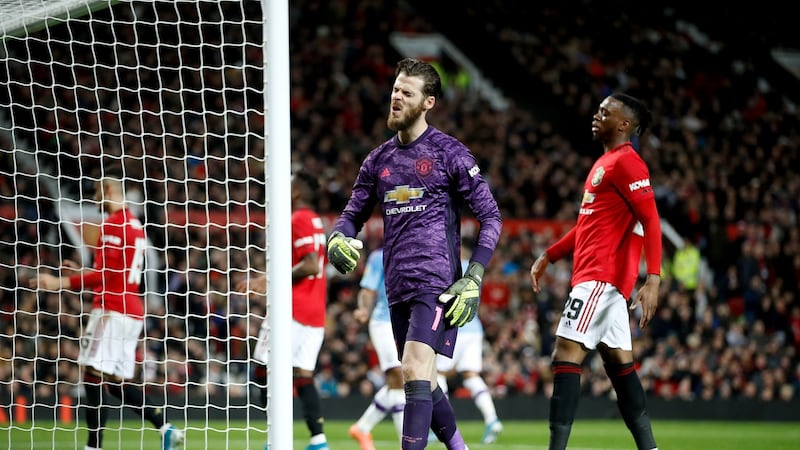 David de Gea looks stands dejected after Andreas Pereira’s second half put City 3-0 up. Photo: Martin Rickett/PA Wire