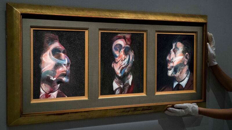 A triptych depicting George Dyer by Irish-born British artist Francis Bacon at Sotheby’s auction house in London on October 25th, 2017. The triptych has not been seen in public for 50 years and is estimated to sell for $35-$45 million at auction in New York on November 16th next. Photograph: Chris J Ratcliffe/AFP/Getty Images