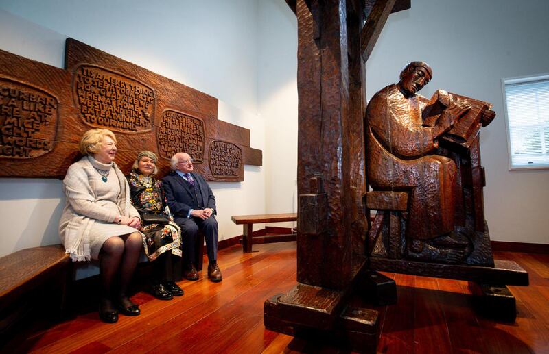 President Michael D Higgins and Sabina look at Stuart’s work Pangur Bán. Photograph: Tom Honan/The Irish Times
