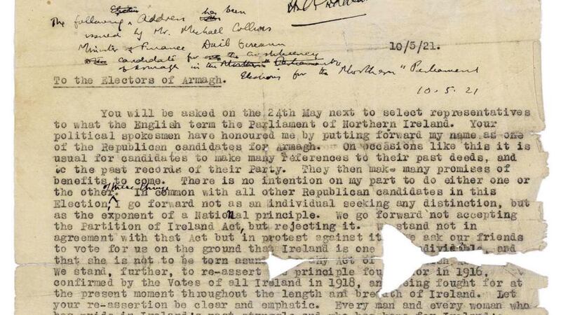 An election leaflet from Michael Collins to nationalist voters in Armagh in 1921, that was later sold at Sotheby’s