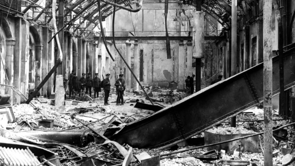 Soldiers survey the interior of the completely wrecked Post Office in Sackville Street, Dublin, during the Easter Rising of 1916. Photograph: Hulton Archive/Getty Images