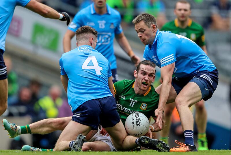 Meath's Cillian O'Sullivan in action against Dublin's Lee Gannon and John Small in 2022. Photograph: Evan Treacy/Inpho